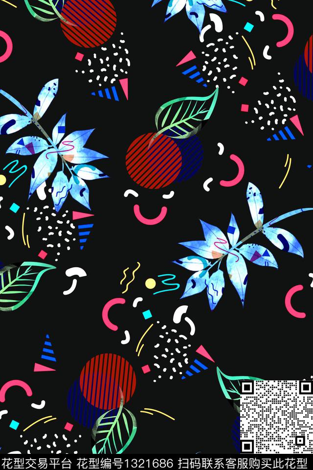 几何花卉植物绿植树叶数码印花华亿平台下载（图片编号: 1321686） - 瓦栏（Walan）