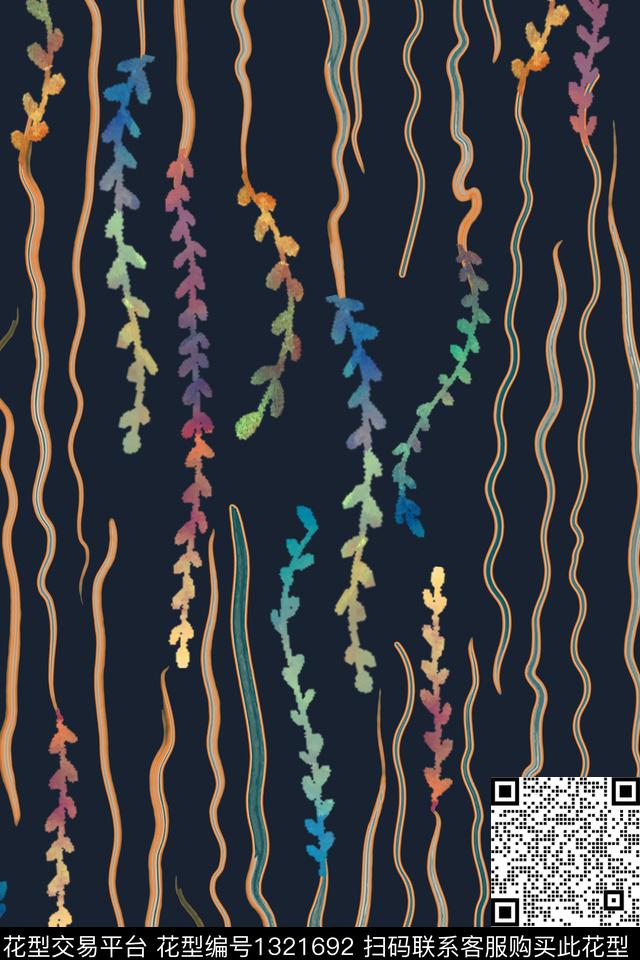 几何定位绿植树叶线条画数码印花华亿平台下载（图片编号: 1321692） - 瓦栏（Walan）