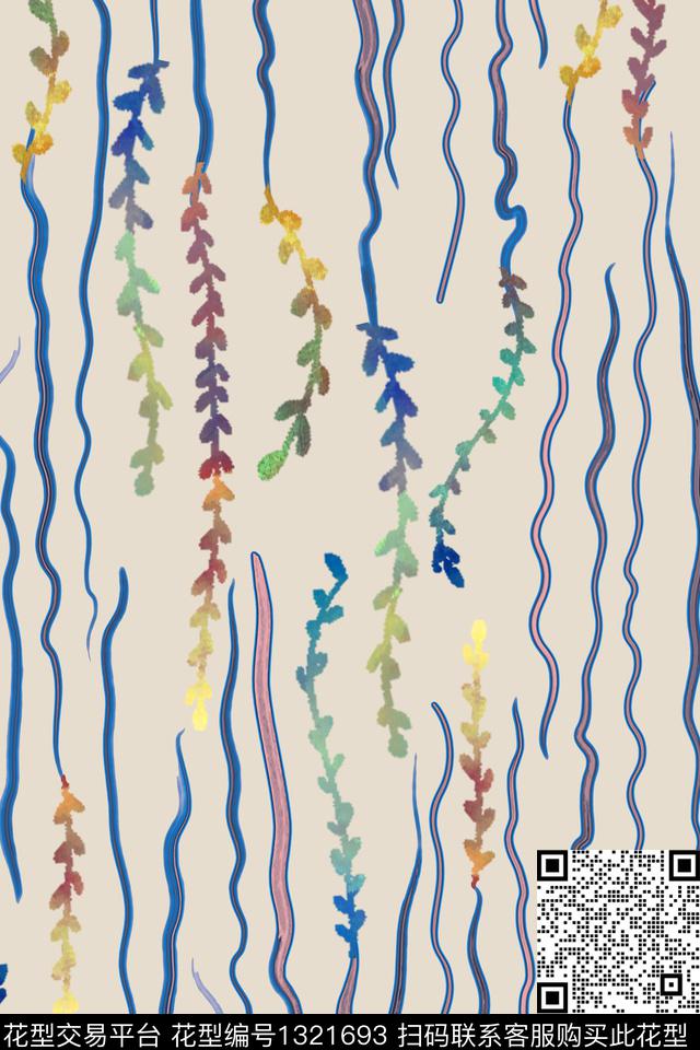 几何定位绿植树叶线条画数码印花华亿平台下载（图片编号: 1321693） - 瓦栏（Walan）