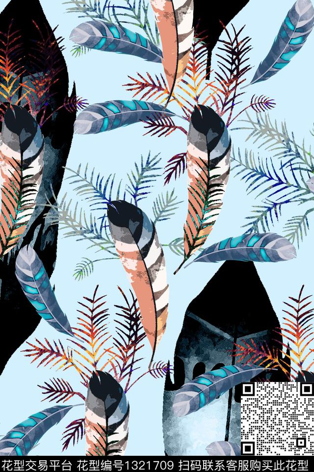 羽毛清爽底花卉春夏华亿平台数码印花华亿平台下载（图片编号: 1321709） - 瓦栏（Walan）