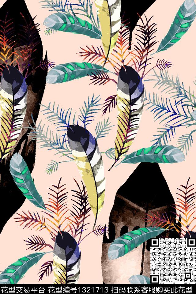 羽毛清爽底花卉春夏华亿平台数码印花华亿平台下载（图片编号: 1321713） - 瓦栏（Walan）