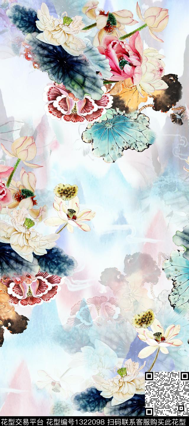 荷花香云纱中国风数码印花华亿平台下载（图片编号: 1322098） - 瓦栏（Walan）
