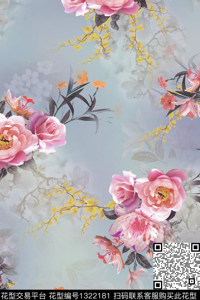 绿植树叶玫瑰花花卉数码印花华亿平台下载（图片编号: 1322181） - 瓦栏（Walan）