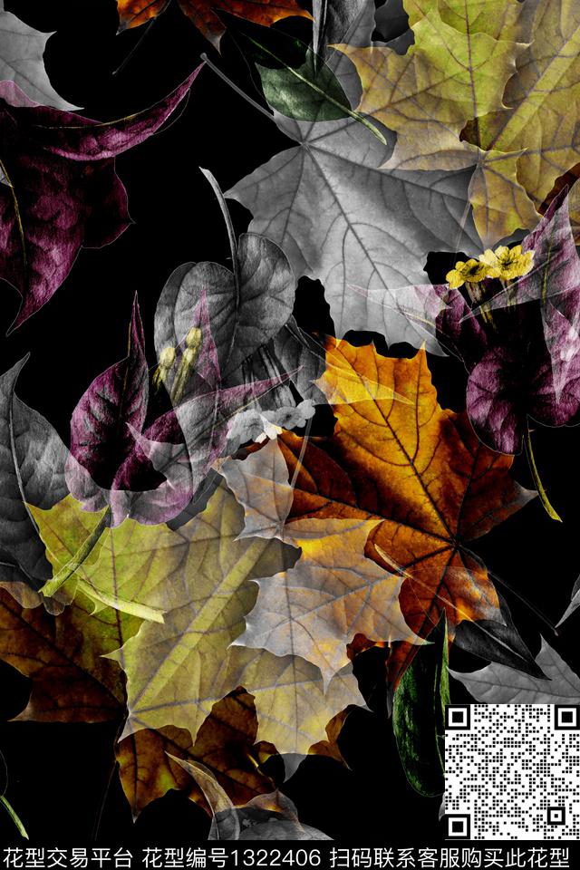 黑底花卉花卉大牌风数码印花华亿平台下载（图片编号: 1322406） - 瓦栏（Walan）
