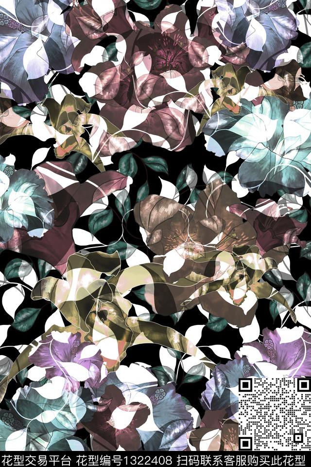 抽象花卉花卉大牌风数码印花华亿平台下载（图片编号: 1322408） - 瓦栏（Walan）