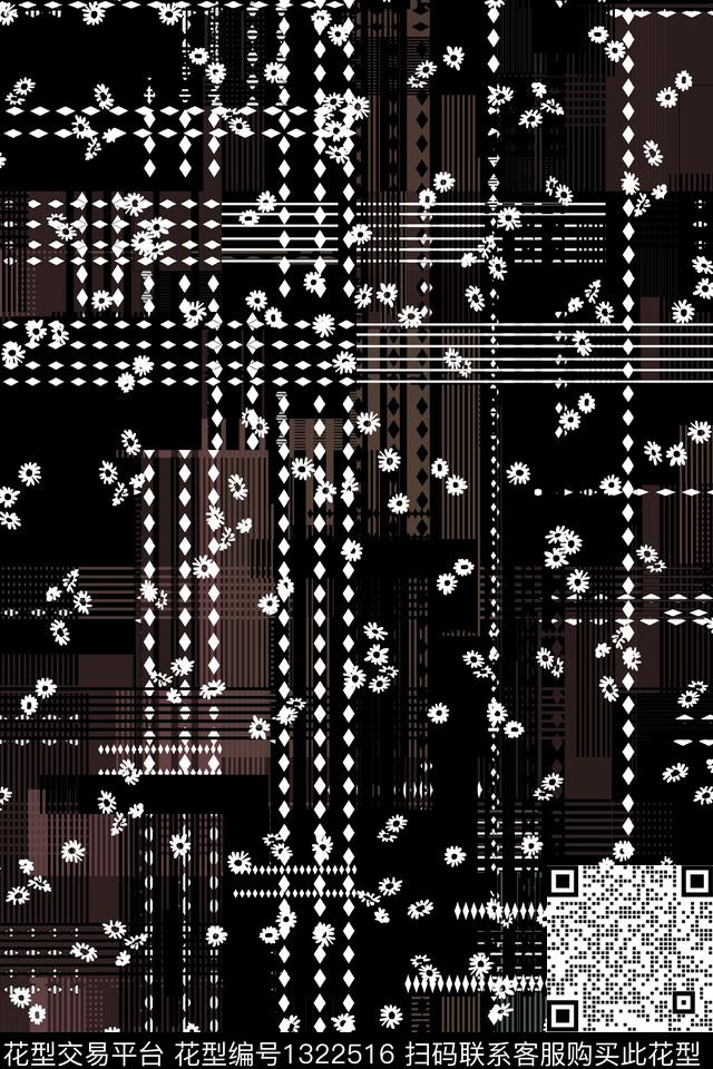 格子几何花卉数码印花华亿平台下载（图片编号: 1322516） - 瓦栏（Walan）