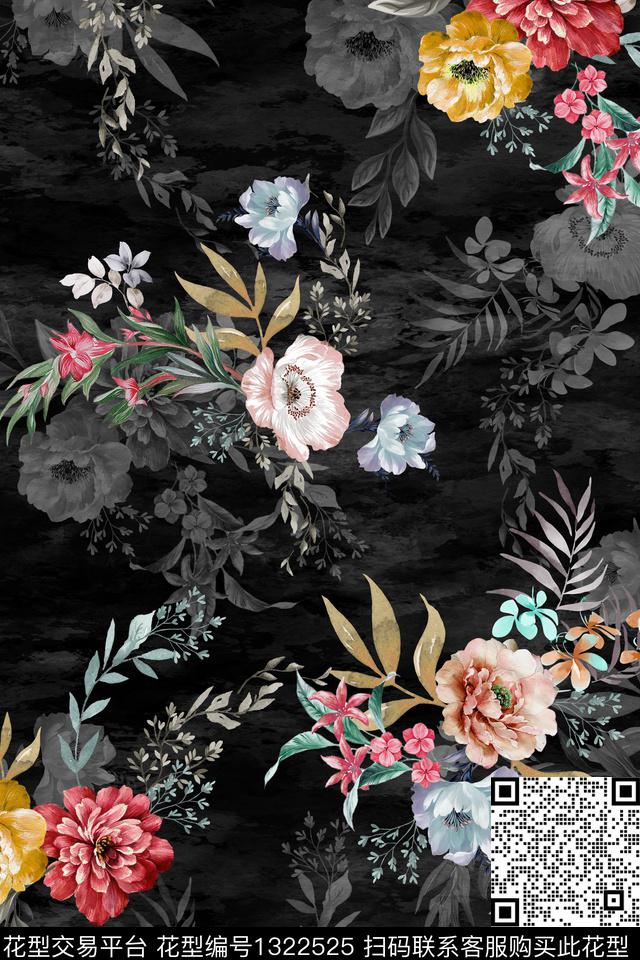 黑底花卉花卉大牌风数码印花华亿平台下载（图片编号: 1322525） - 瓦栏（Walan）