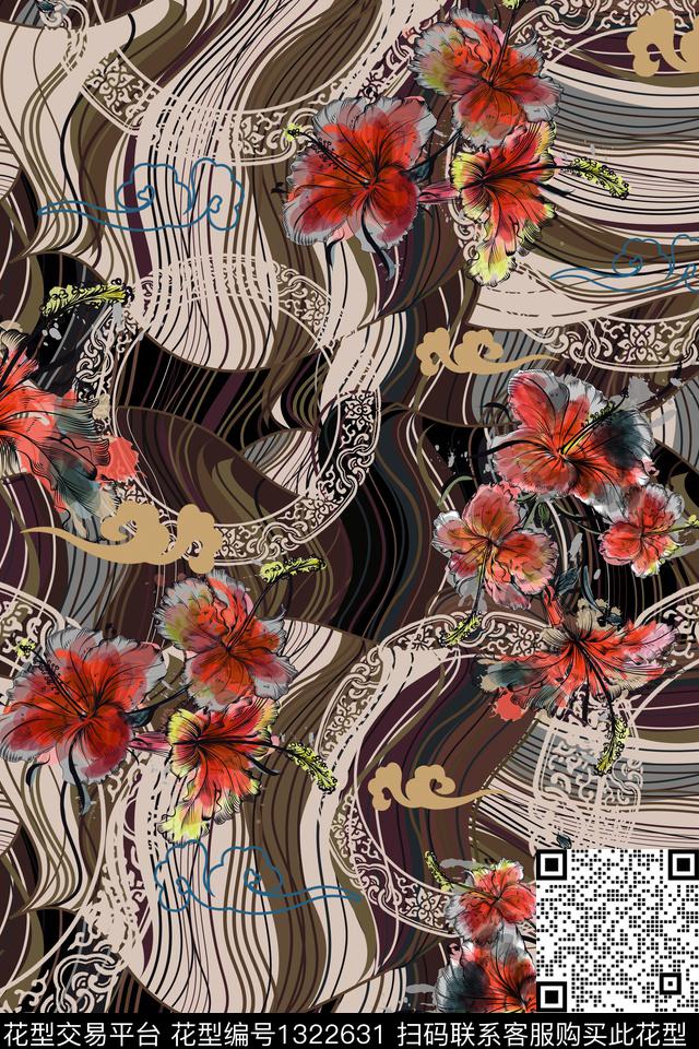 黑底花卉数码华亿平台写意数码印花华亿平台下载（图片编号: 1322631） - 瓦栏（Walan）