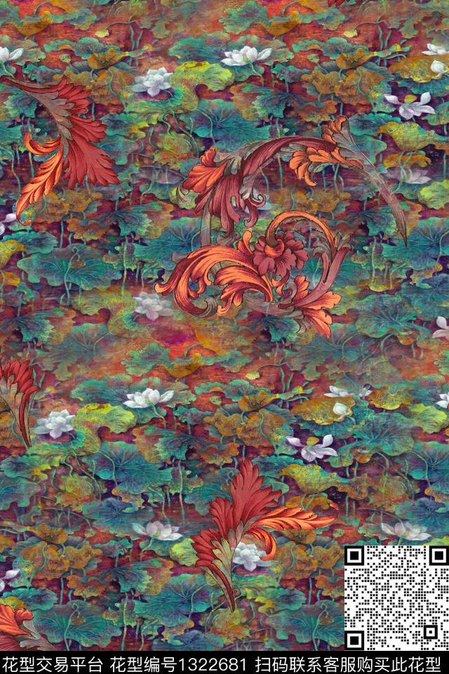 几何花卉水彩花卉数码印花华亿平台下载（图片编号: 1322681） - 瓦栏（Walan）