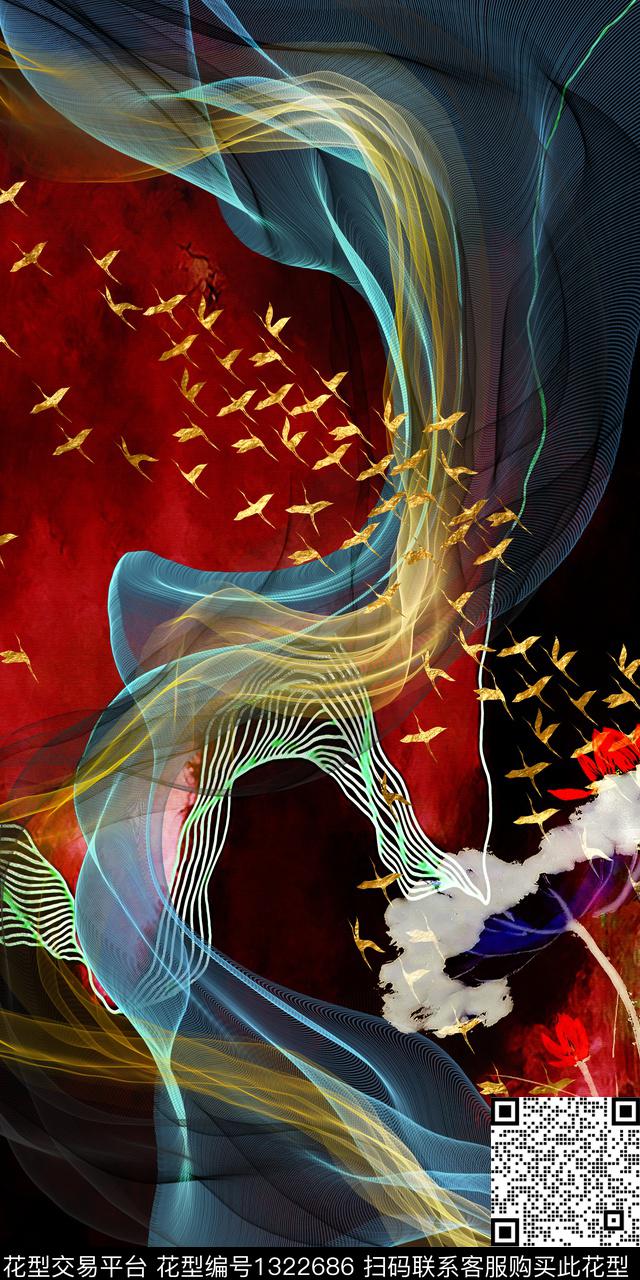 几何花卉绿植树叶定位花数码印花华亿平台下载（图片编号: 1322686） - 瓦栏（Walan）