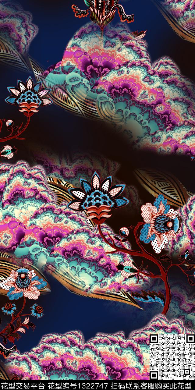 祥云女装定位花民族花卉数码印花华亿平台下载（图片编号: 1322747） - 瓦栏（Walan）