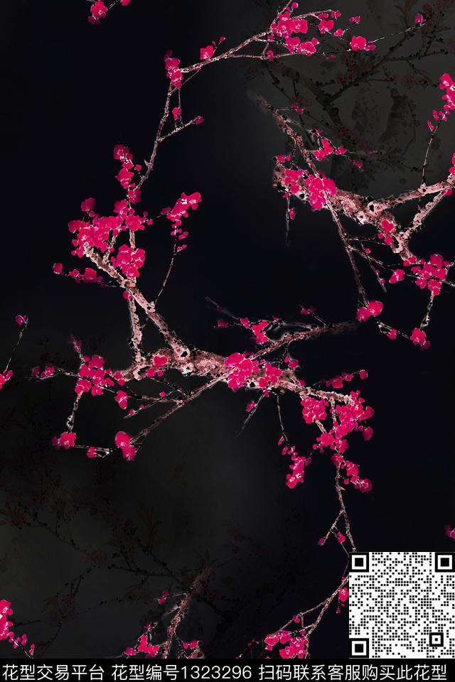 梅花香云纱中国风数码印花华亿平台下载（图片编号: 1323296） - 瓦栏（Walan）