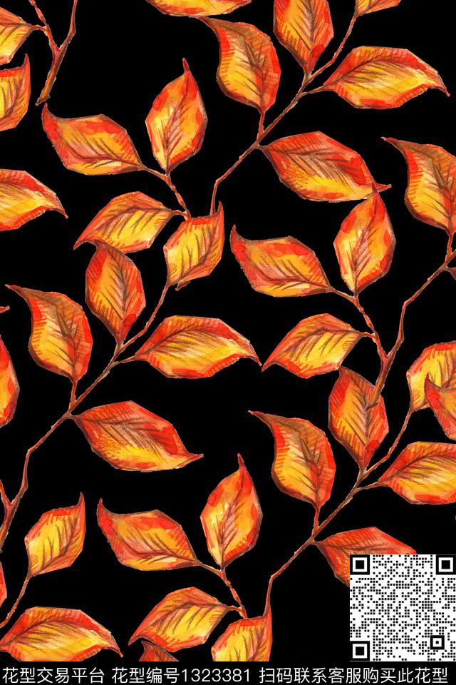 水彩手绘秋叶数码印花华亿平台下载（图片编号: 1323381） - 瓦栏（Walan）