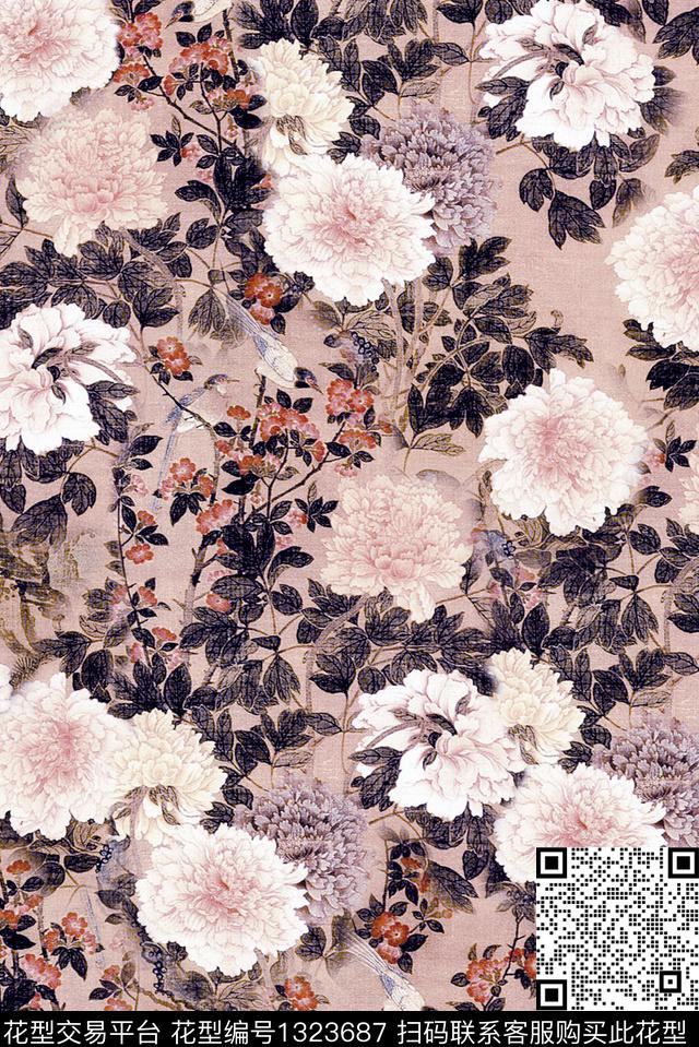 旗袍国画牡丹数码印花华亿平台下载（图片编号: 1323687） - 瓦栏（Walan）