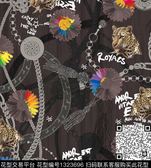 黑底花卉男装满版花链条数码印花华亿平台下载（图片编号: 1323696） - 瓦栏（Walan）