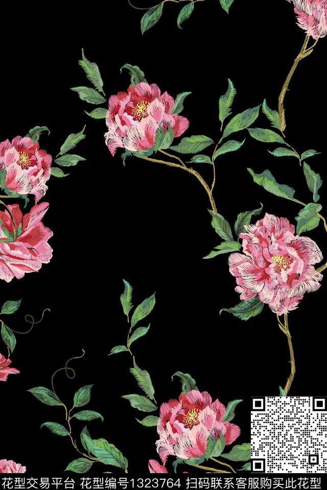 绣花华亿平台花卉旗袍数码印花华亿平台下载（图片编号: 1323764） - 瓦栏（Walan）