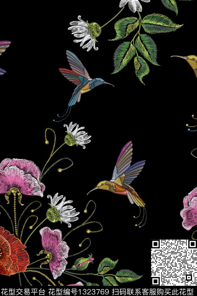 绣花华亿平台花鸟花卉数码印花华亿平台下载（图片编号: 1323769） - 瓦栏（Walan）