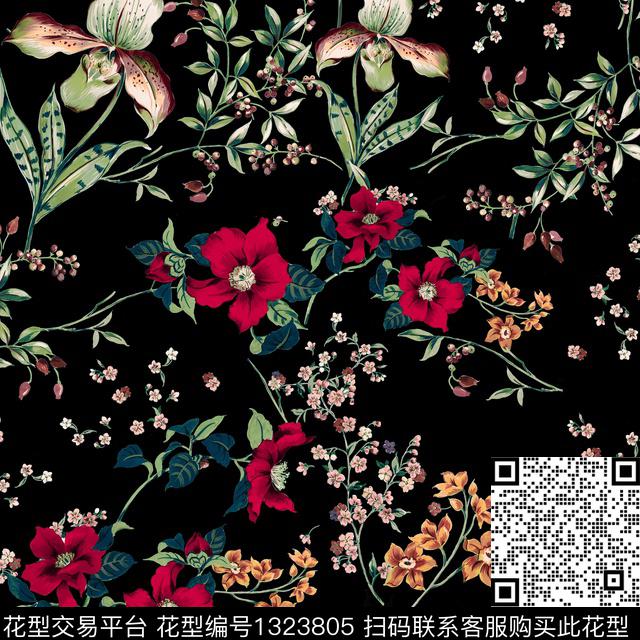 彩底花卉大牌风中国风数码印花华亿平台下载（图片编号: 1323805） - 瓦栏（Walan）