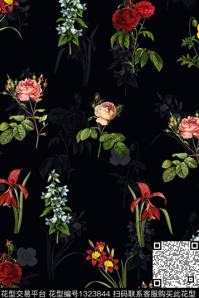 黑底花卉绣花华亿平台花卉数码印花华亿平台下载（图片编号: 1323844） - 瓦栏（Walan）