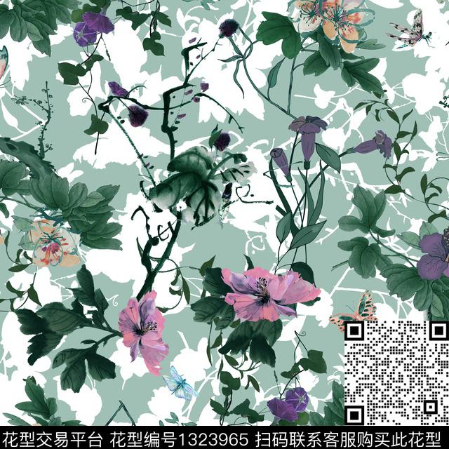 彩底花卉大牌风中国风数码印花华亿平台下载（图片编号: 1323965） - 瓦栏（Walan）