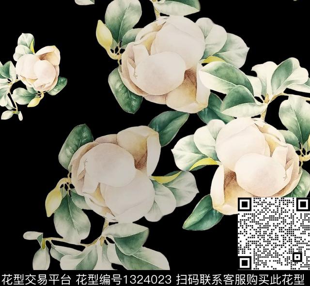 黑底花卉玉兰花手绘花卉数码印花华亿平台下载（图片编号: 1324023） - 瓦栏（Walan）