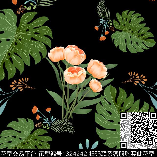 黑底花卉绿色绿植树叶数码印花华亿平台下载（图片编号: 1324242） - 瓦栏（Walan）