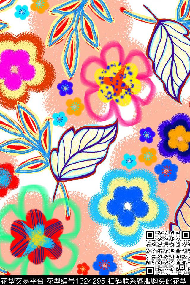 清爽底花卉春夏华亿平台手绘花卉数码印花华亿平台下载（图片编号: 1324295） - 瓦栏（Walan）