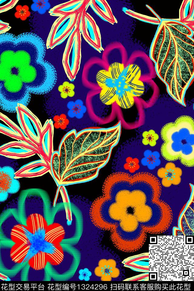 清爽底花卉春夏华亿平台手绘花卉数码印花华亿平台下载（图片编号: 1324296） - 瓦栏（Walan）