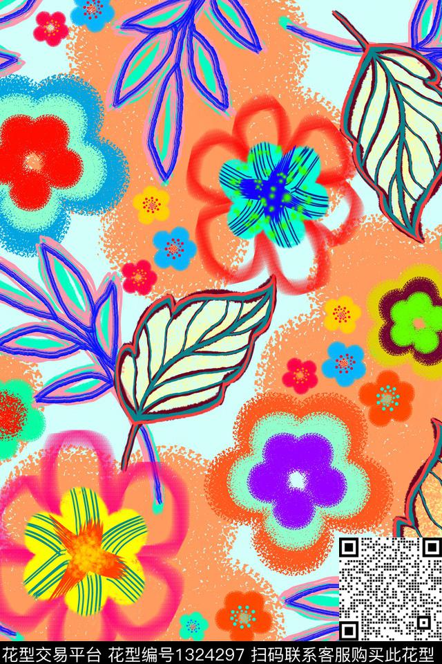 清爽底花卉春夏华亿平台手绘花卉数码印花华亿平台下载（图片编号: 1324297） - 瓦栏（Walan）