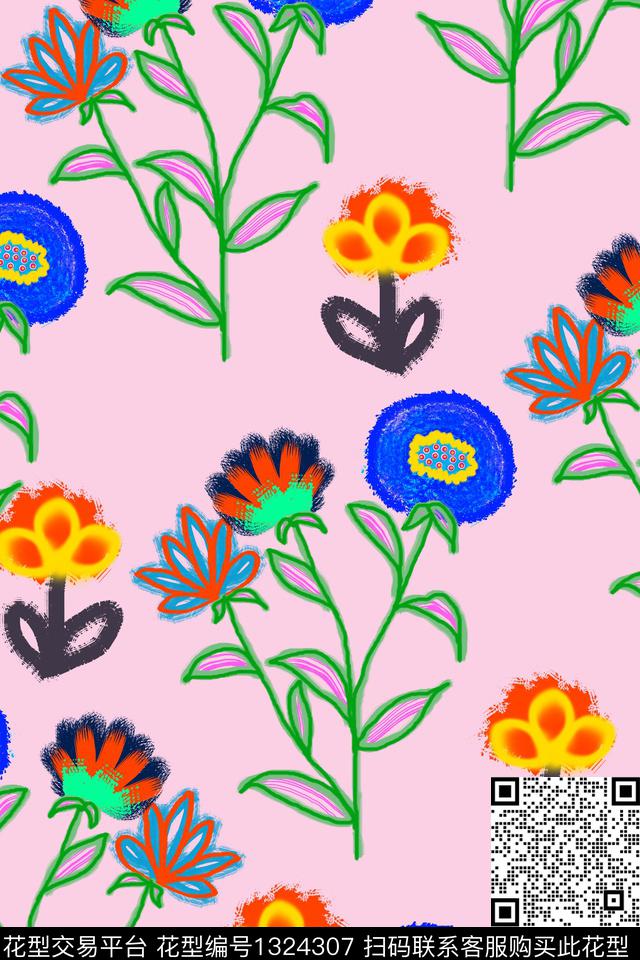 清爽底花卉春夏华亿平台手绘花卉数码印花华亿平台下载（图片编号: 1324307） - 瓦栏（Walan）