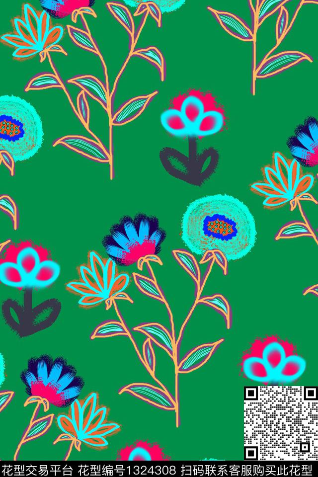 清爽底花卉春夏华亿平台手绘花卉数码印花华亿平台下载（图片编号: 1324308） - 瓦栏（Walan）
