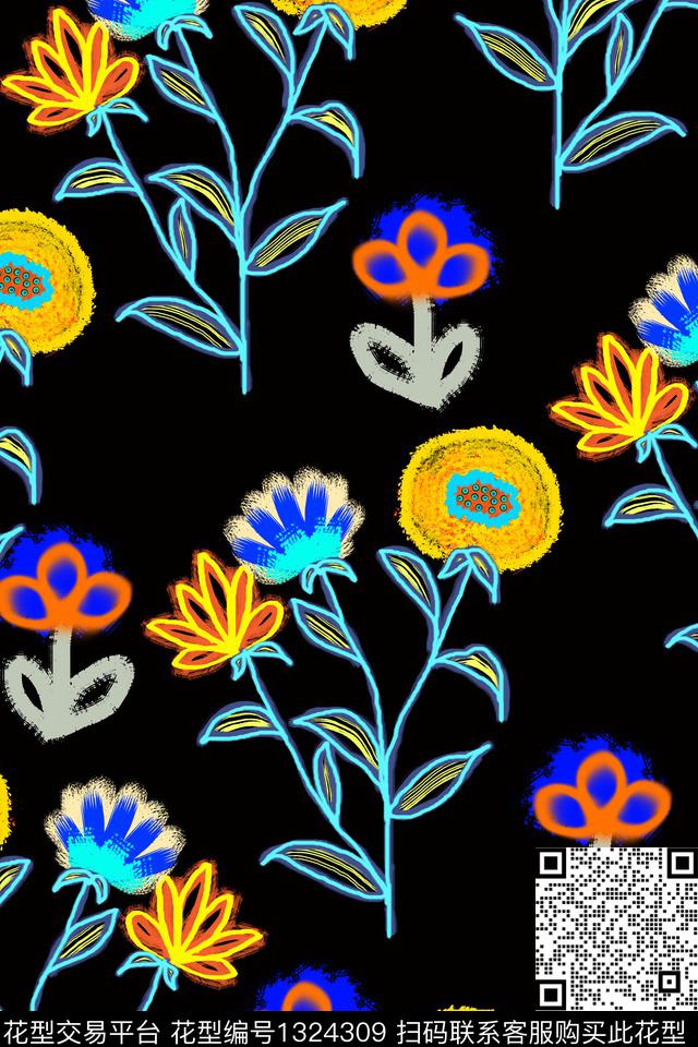 清爽底花卉春夏华亿平台手绘花卉数码印花华亿平台下载（图片编号: 1324309） - 瓦栏（Walan）