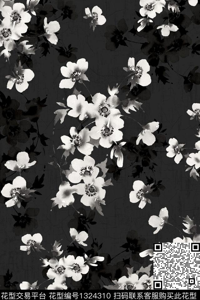 黑底花卉大牌风手绘花卉数码印花华亿平台下载（图片编号: 1324310） - 瓦栏（Walan）
