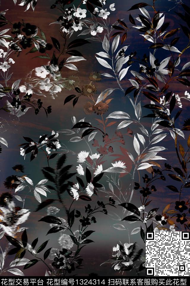 黑底花卉休闲绿植树叶数码印花华亿平台下载（图片编号: 1324314） - 瓦栏（Walan）