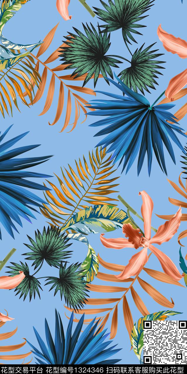 绿植树叶花卉热带华亿平台数码印花华亿平台下载（图片编号: 1324346） - 瓦栏（Walan）