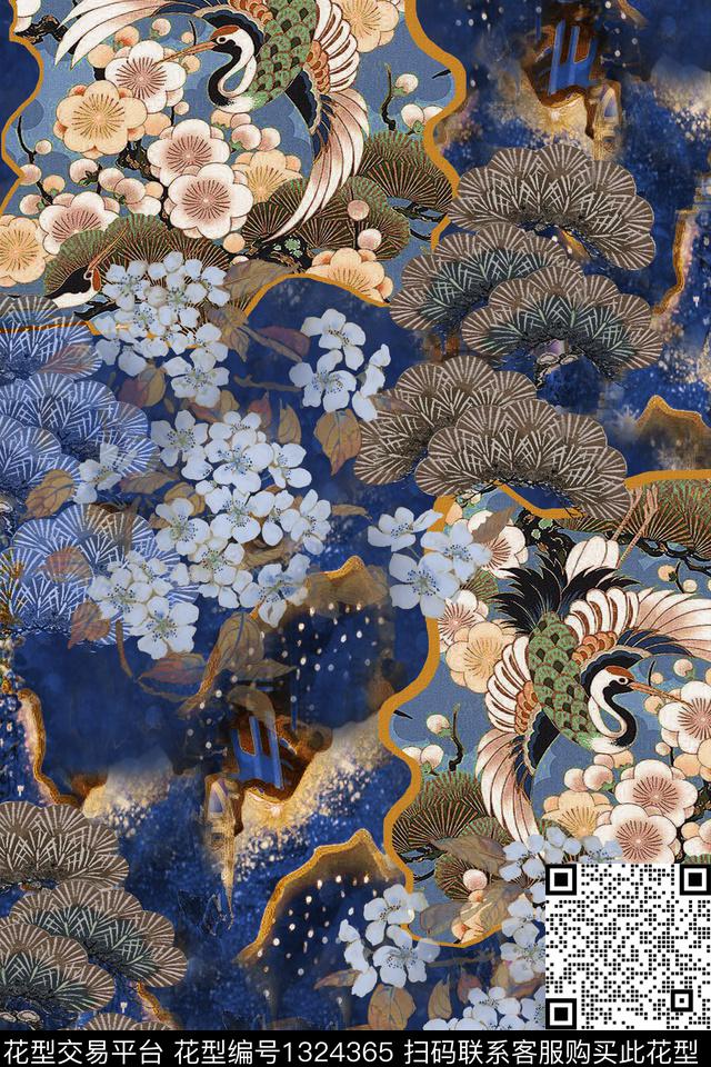 梅花仙鹤真丝数码印花华亿平台下载（图片编号: 1324365） - 瓦栏（Walan）