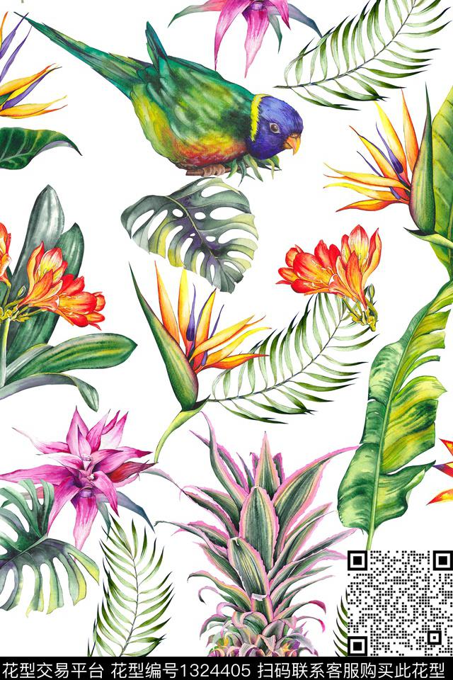 菠萝棕榈树水彩花卉数码印花华亿平台下载（图片编号: 1324405） - 瓦栏（Walan）