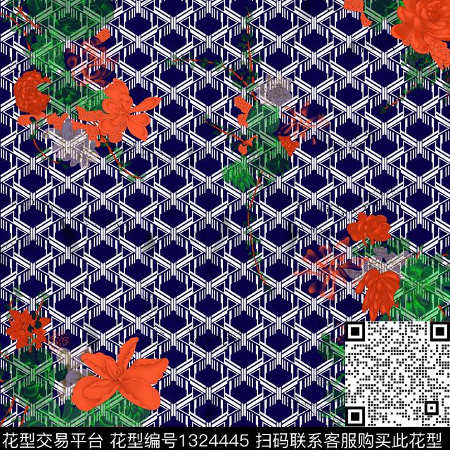 几何花卉定位花大牌风传统印花华亿平台下载（图片编号: 1324445） - 瓦栏（Walan）