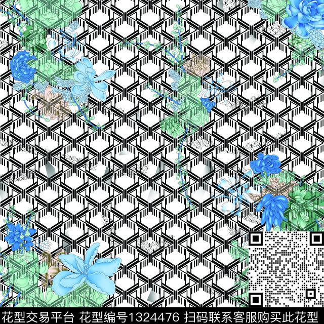 几何花卉定位花大牌风传统印花华亿平台下载（图片编号: 1324476） - 瓦栏（Walan）