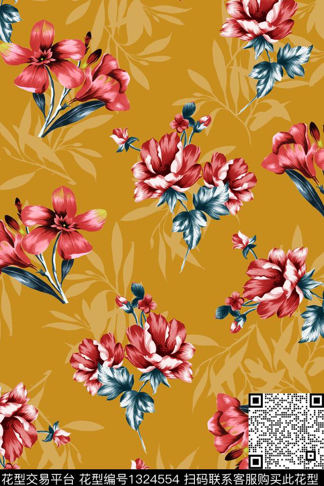 大牌风手绘花卉撇丝数码印花华亿平台下载（图片编号: 1324554） - 瓦栏（Walan）