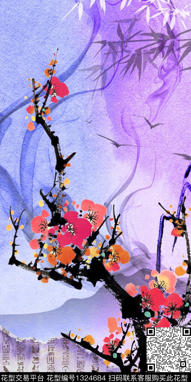 梅花定位花中国风数码印花华亿平台下载（图片编号: 1324684） - 瓦栏（Walan）