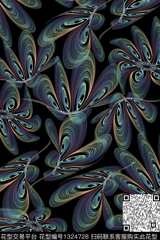 黑底花卉线条几何数码印花华亿平台下载（图片编号: 1324728） - 瓦栏（Walan）