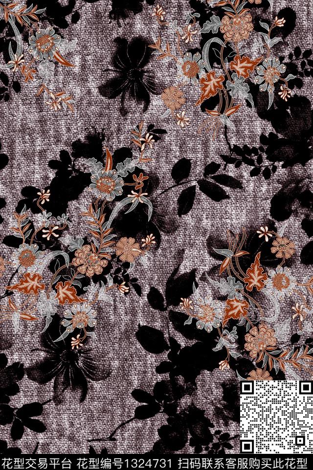 黑底花卉雕印华亿平台小碎花数码印花华亿平台下载（图片编号: 1324731） - 瓦栏（Walan）