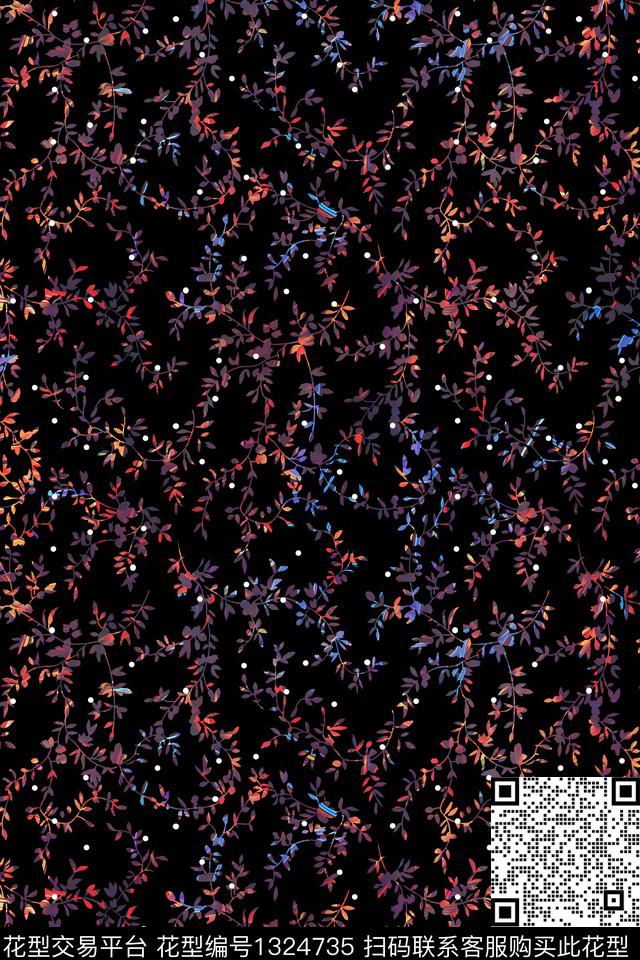 黑底花卉雕印华亿平台小碎花数码印花华亿平台下载（图片编号: 1324735） - 瓦栏（Walan）