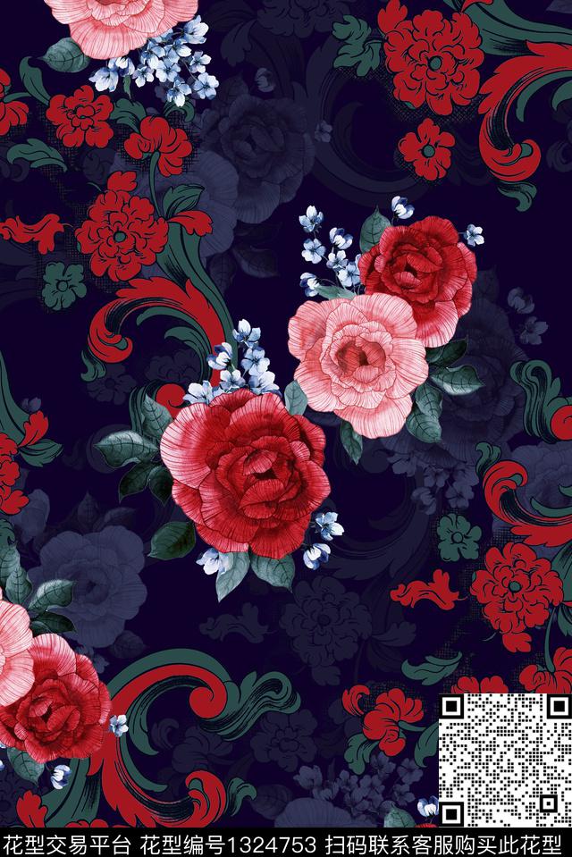 复古花卉中老年数码印花华亿平台下载（图片编号: 1324753） - 瓦栏（Walan）