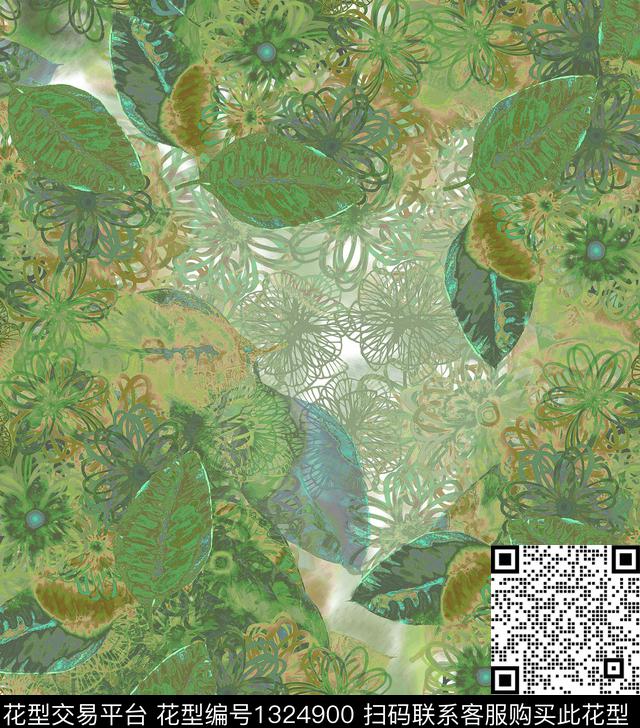 线条绘画植物数码印花华亿平台下载（图片编号: 1324900） - 瓦栏（Walan）