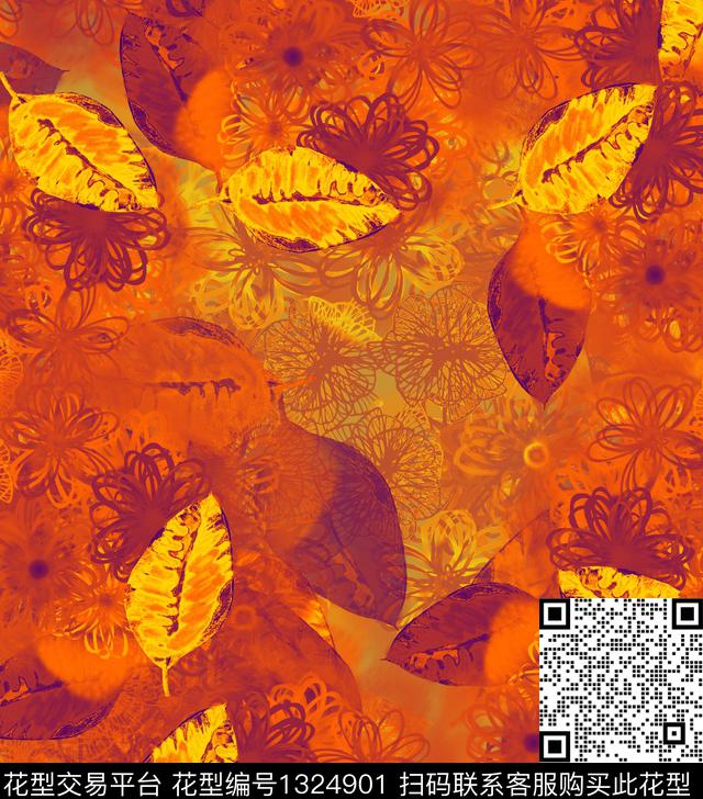 线条绘画植物数码印花华亿平台下载（图片编号: 1324901） - 瓦栏（Walan）