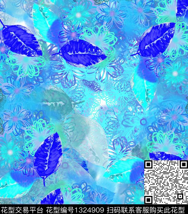 线条绘画植物数码印花华亿平台下载（图片编号: 1324909） - 瓦栏（Walan）