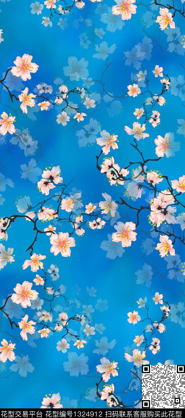 梅花香云纱中国风数码印花华亿平台下载（图片编号: 1324912） - 瓦栏（Walan）