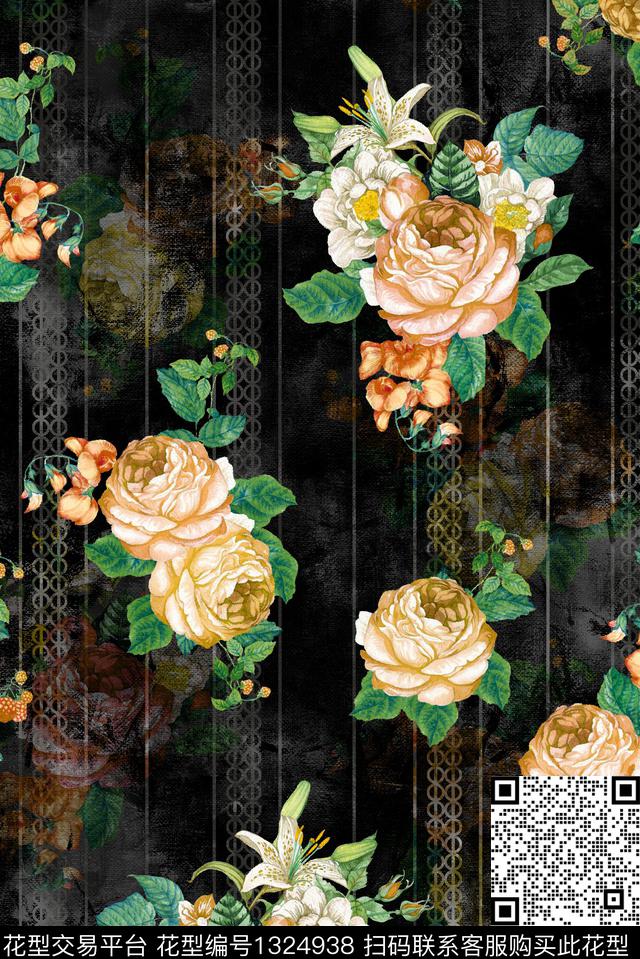 黑底花卉大牌风手绘大花数码印花华亿平台下载（图片编号: 1324938） - 瓦栏（Walan）